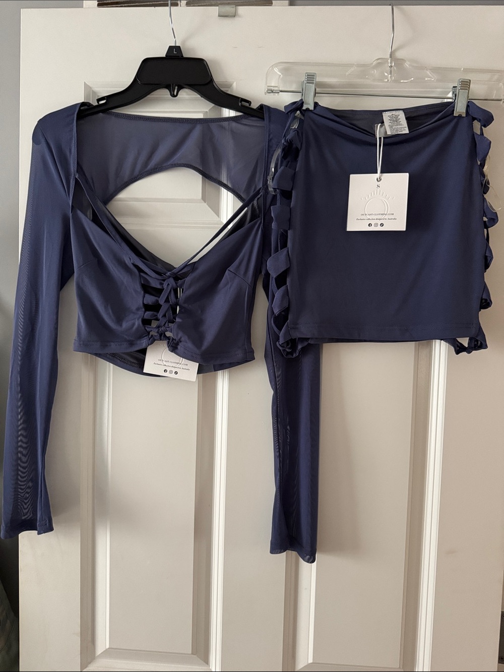 Outcast Clothing Women's Navy Blue Lace-Up Mesh Long Sleeve Top and Skirt Set